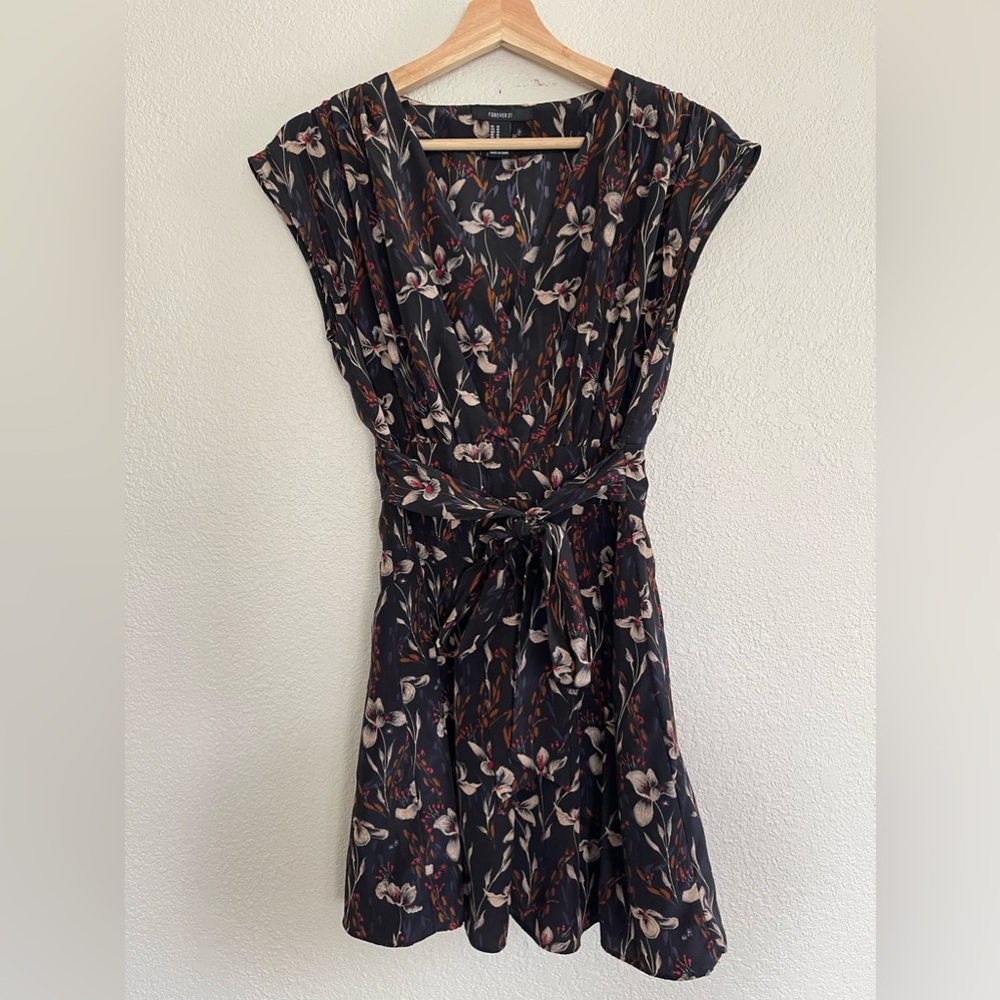 Black floral mini dress with tie
